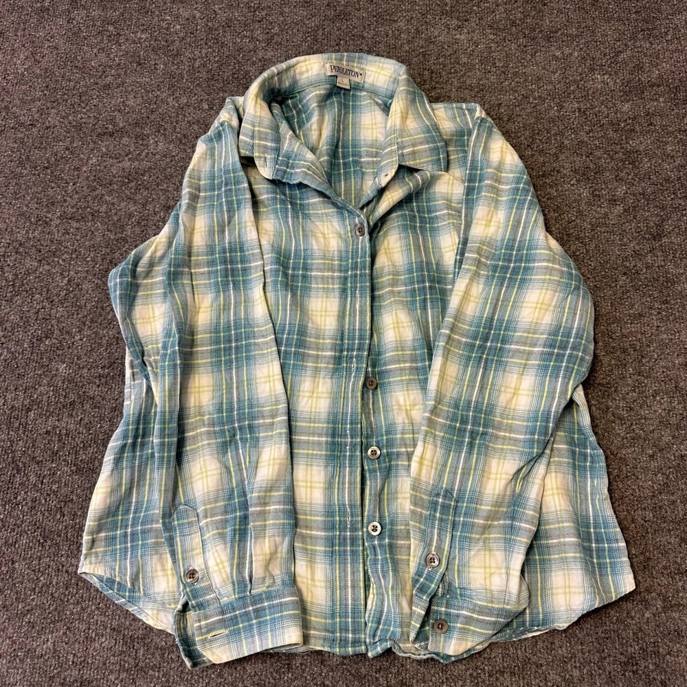 Pendleton Button Down Shirt Womens Size L Blue Yellow Plaid Long Sleeve Casual
